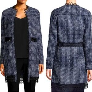 BNWT Elie Tahari Kora Long Tweed Hook Front Jacket - Size Medium